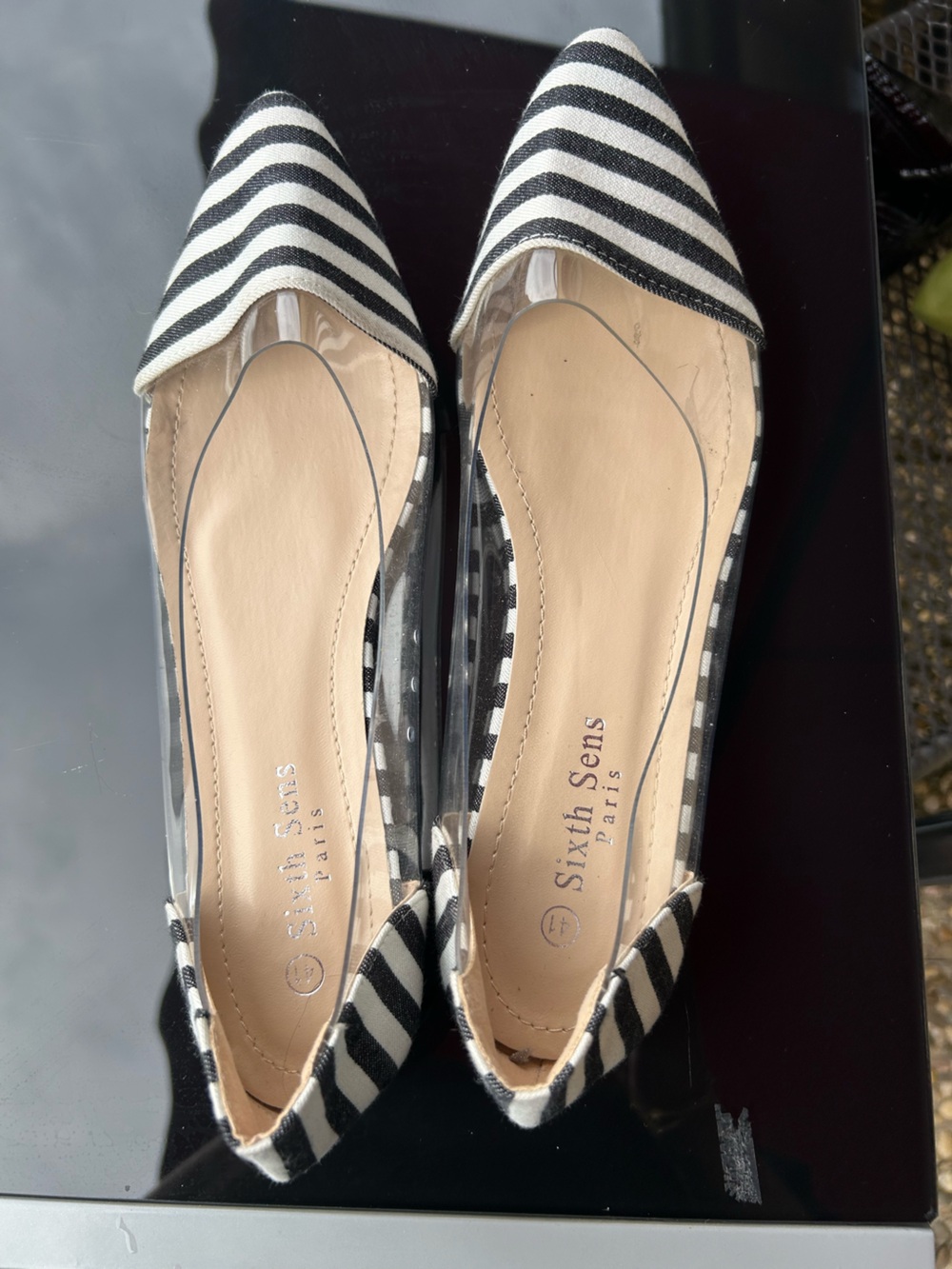 Sixth Sens Paris black white striped pointed-toe flat shoes with transparent 9.5